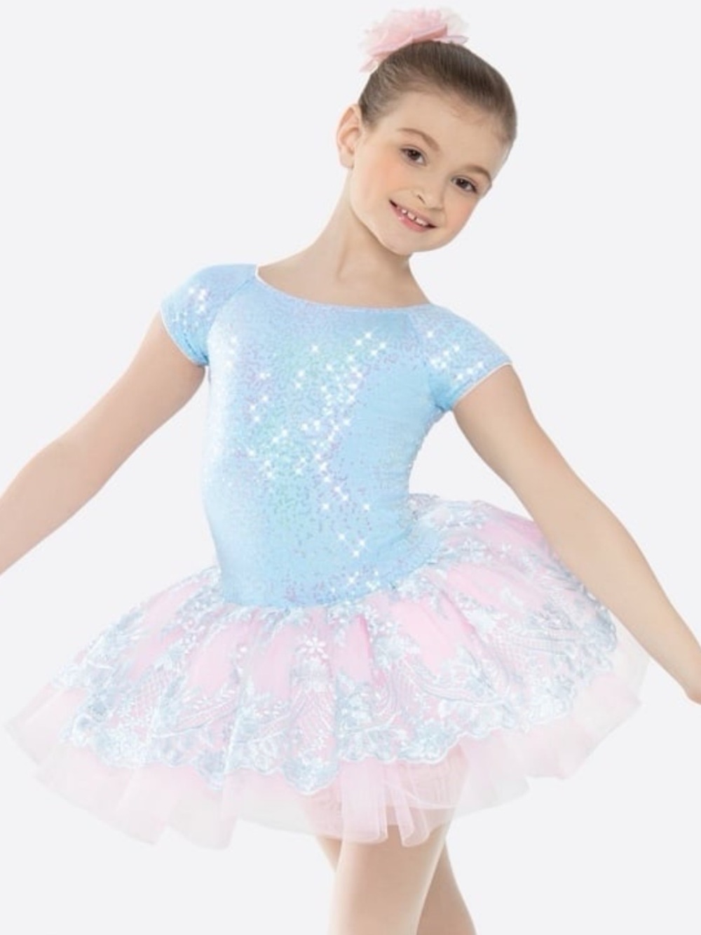 Revolution pink and light blue dance costume size MC 6-9 with hairpiece